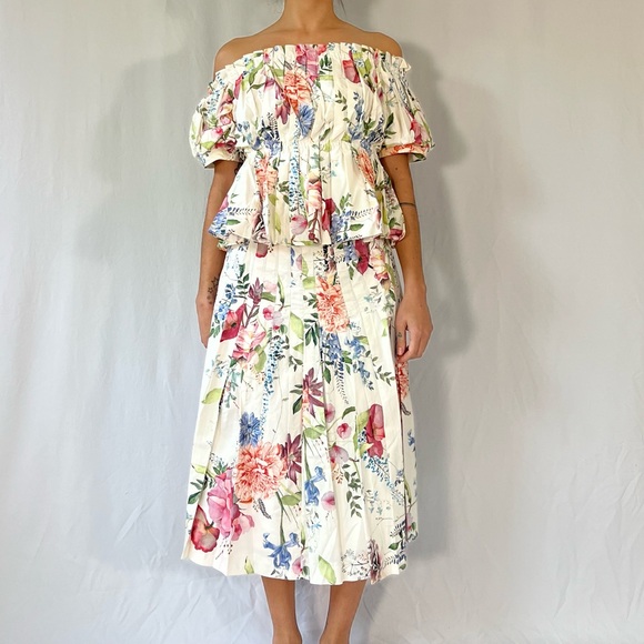 Antonio Melani Kyla Set Off Shoulder Floral Poplin Top Pleat Midi Skirt - Picture 1 of 15